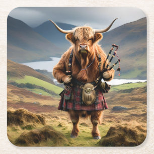 Scottish Highland Cow Bagpiper Underlägg Papper Kvadrat