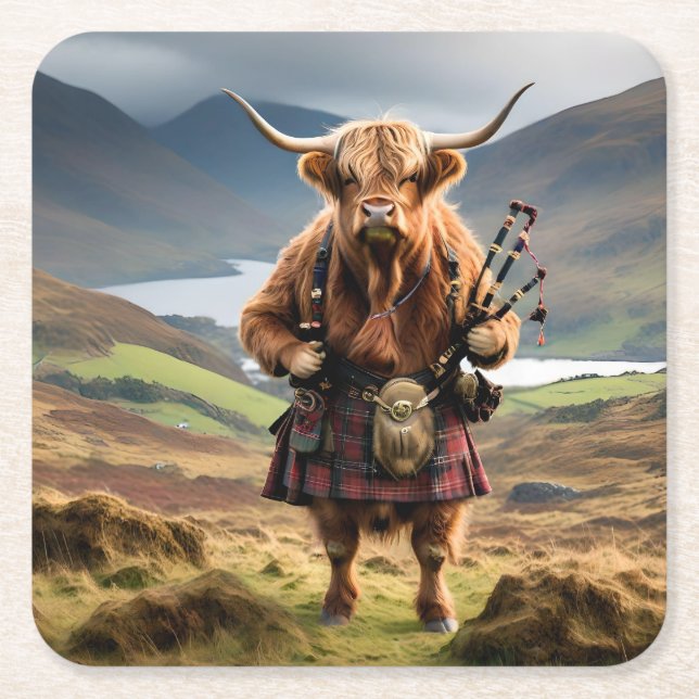 Scottish Highland Cow Bagpiper Underlägg Papper Kvadrat (Framsidan)