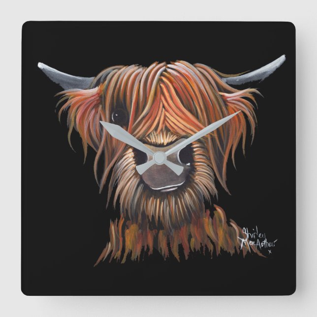 Scottish Highland Cow 'BRUCE' Clock Fyrkantig Klocka (Framsida)