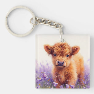 Scottish Highland Cow Calf Lila Wildblommor