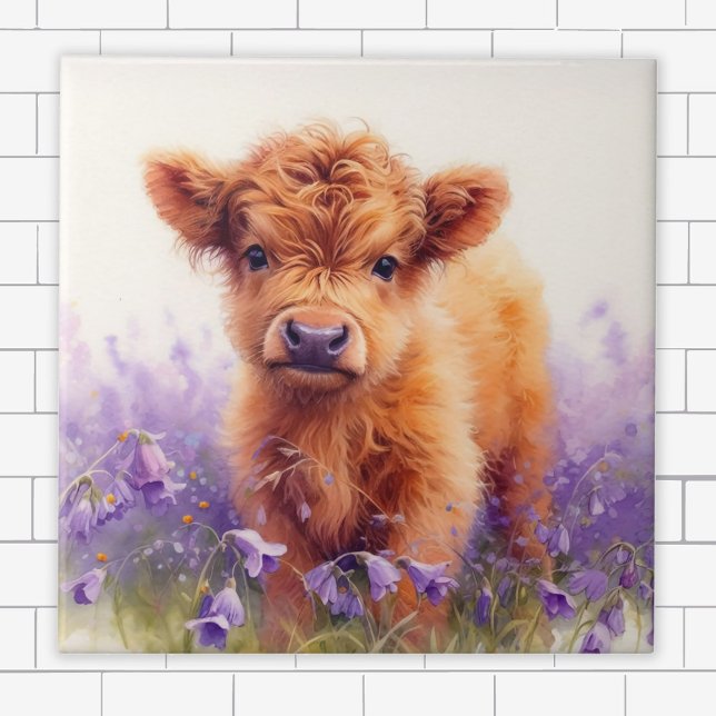 Scottish Highland Cow Calf Lila Wildblommor Kakelplatta (Skapare uppladdad)