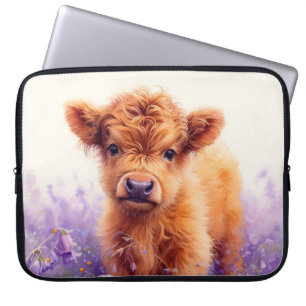 Scottish Highland Cow Calf Lila Wildblommor Laptop Fodral