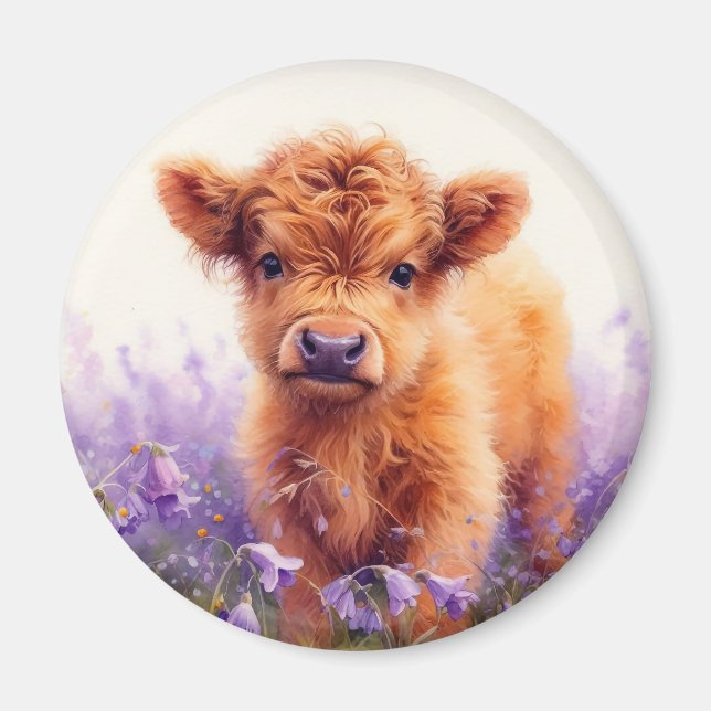 Scottish Highland Cow Calf Lila Wildblommor Magnet (Framsidan)