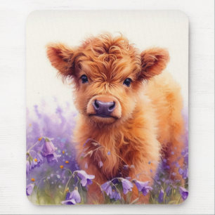 Scottish Highland Cow Calf Lila Wildblommor Musmatta