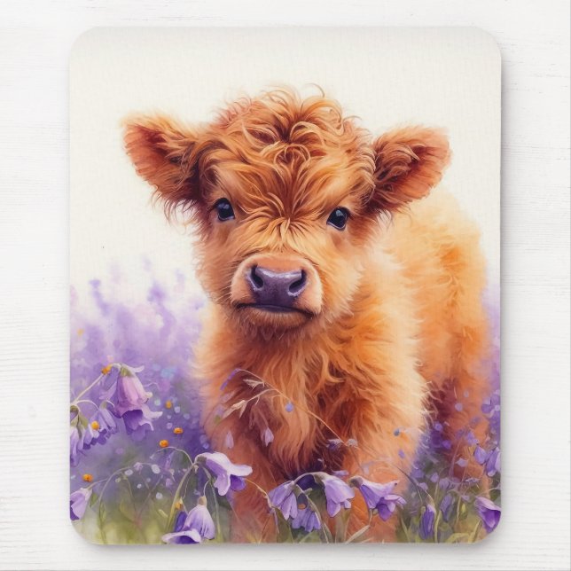 Scottish Highland Cow Calf Lila Wildblommor Musmatta (Framsidan)