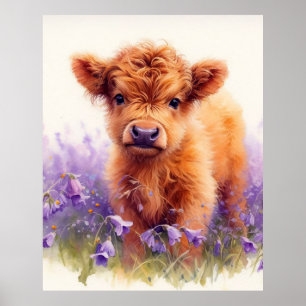 Scottish Highland Cow Calf Lila Wildblommor Poster