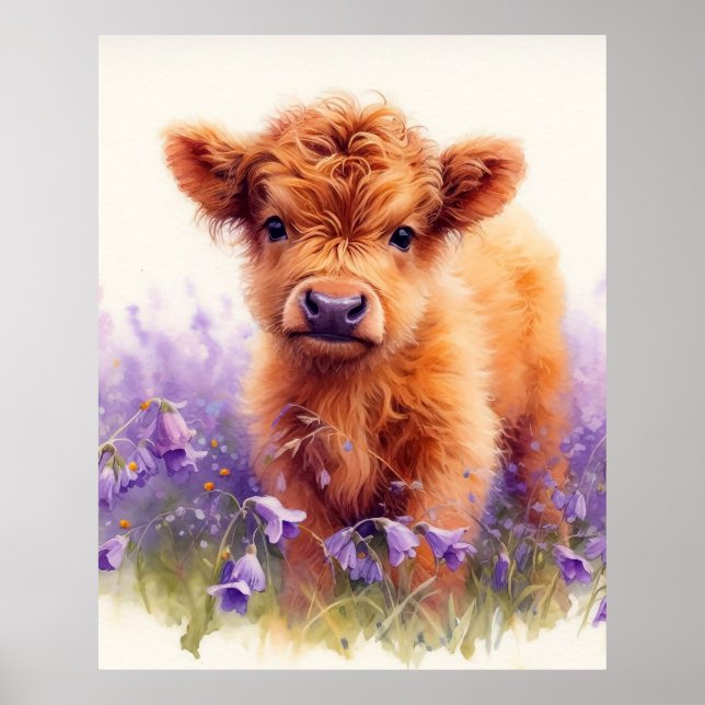 Scottish Highland Cow Calf Lila Wildblommor Poster (Framsidan)
