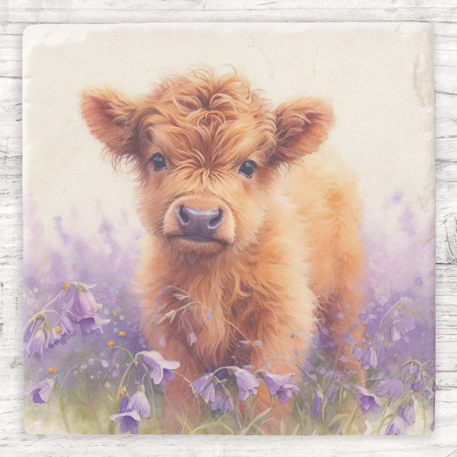 Scottish Highland Cow Calf Lila Wildblommor Stenunderlägg (Skapare uppladdad)