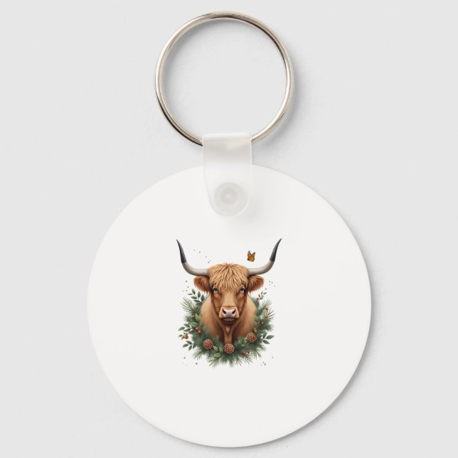 Scottish Highland Cow Cattle Hairy Cow Christmas W Nyckelring (Framsida)