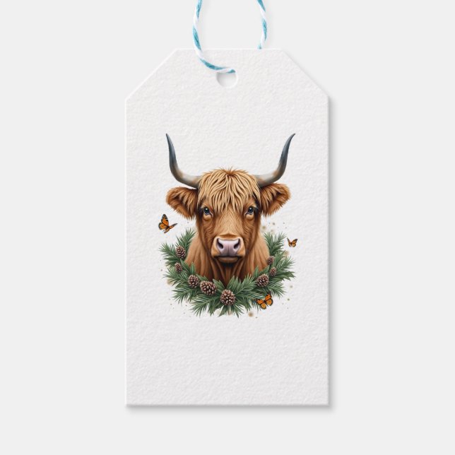 Scottish Highland Cow Cattle Hairy Cow Christmas W Presentetikett (Framsidan)