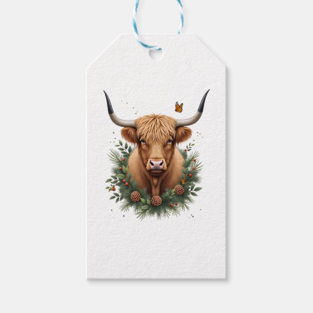 Scottish Highland Cow Cattle Hairy Cow Christmas W Presentetikett (Framsidan)