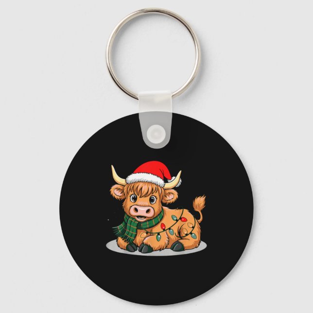 Scottish Highland Cow Christmas Lights Xmas Party  Nyckelring (Framsida)