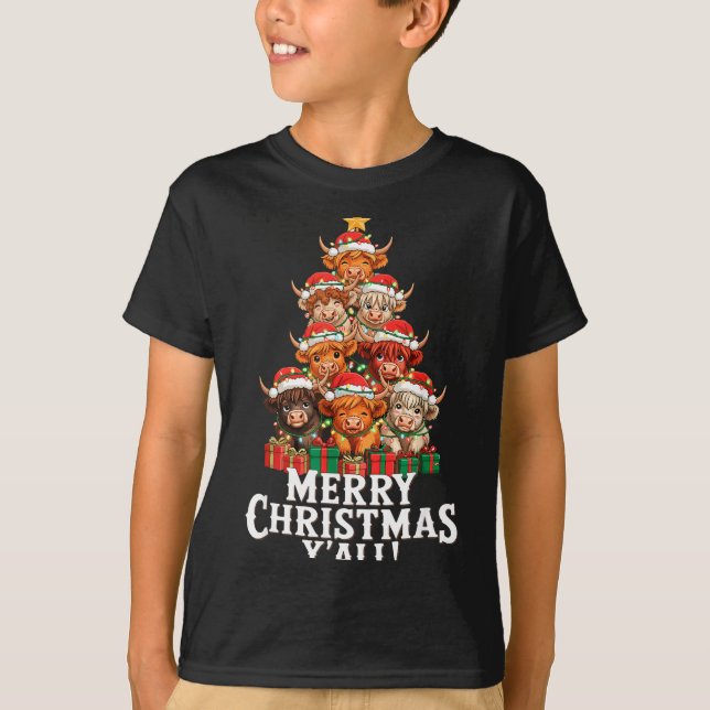 Scottish Highland Cow Christmas Tree Funny Cow Lov T Shirt (Framsida)
