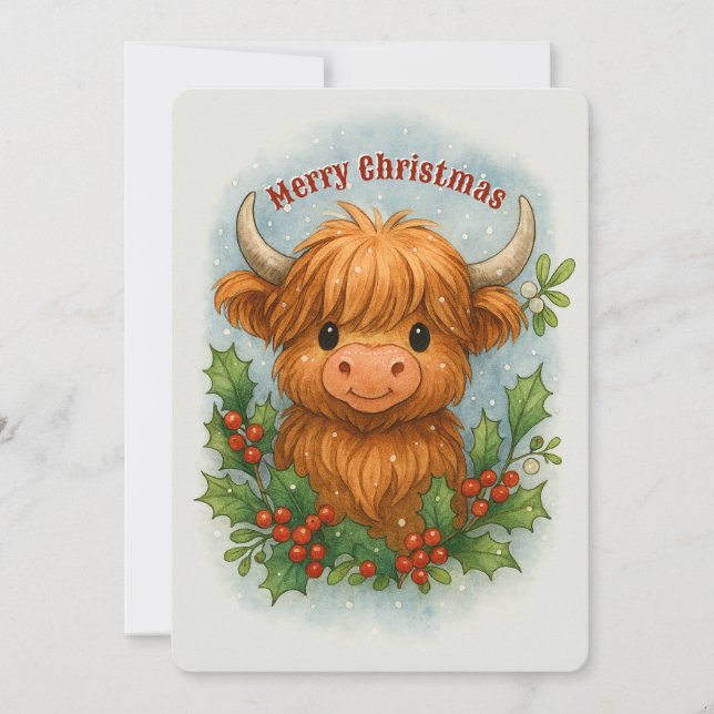 Scottish Highland Cow Holly & Mistletoe Christmas Julkort (Framsida)