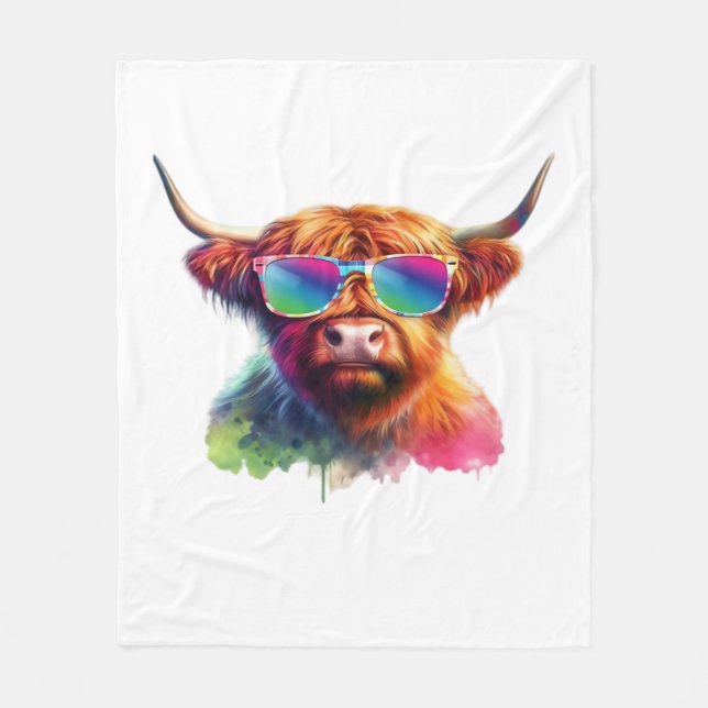Scottish Highland Cow i Sunglasses Colorful Vatten Fleecefilt (Framsidan)