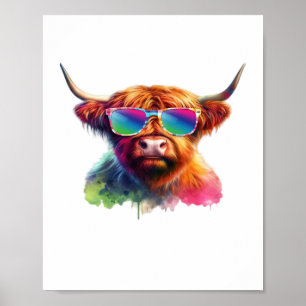 Scottish Highland Cow i Sunglasses Colorful Vatten Poster