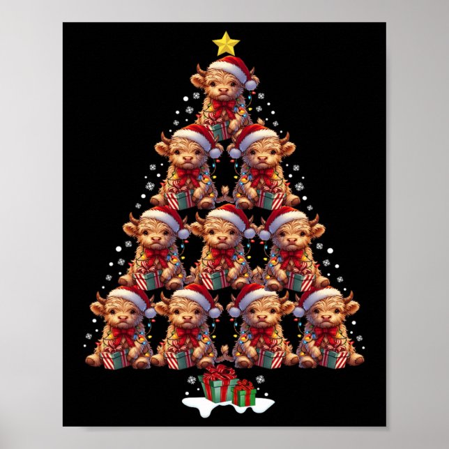 Scottish Highland Cow Julgran Ljus Julafton C Poster (Framsidan)