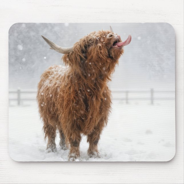 Scottish Highland Cow Licking Snowflakes Musmatta (Framsidan)