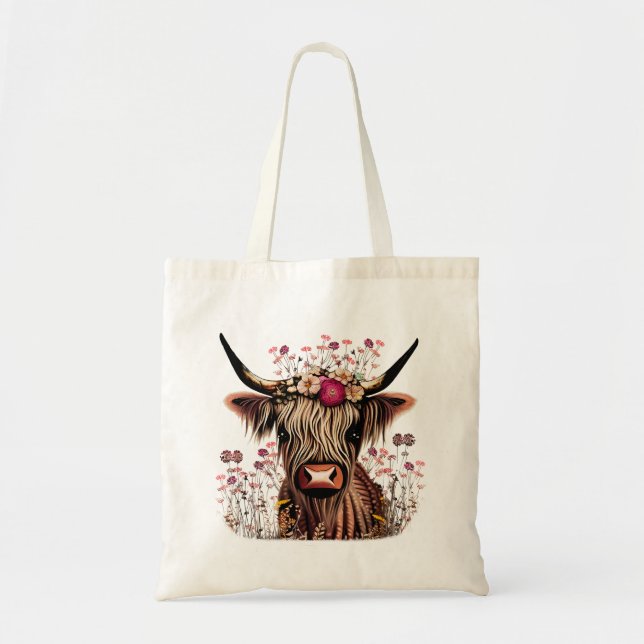 Scottish Highland Cow Livsmedel Tote | Mallbunt Tygkasse (Framsidan)