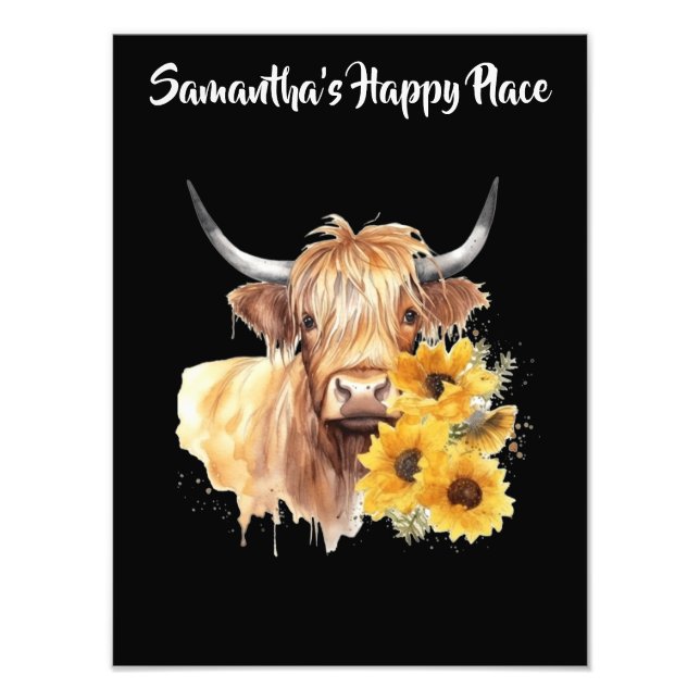 Scottish Highland Cow med solblommor. Redigerbar Fototryck (Framsidan)