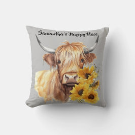 Scottish Highland Cow med solblommor. Redigerbar Kudde