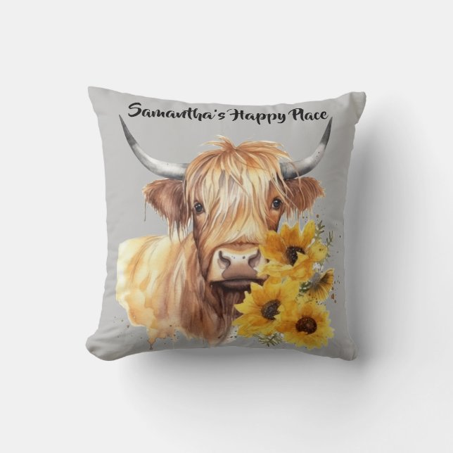 Scottish Highland Cow med solblommor. Redigerbar Kudde (Framsida)