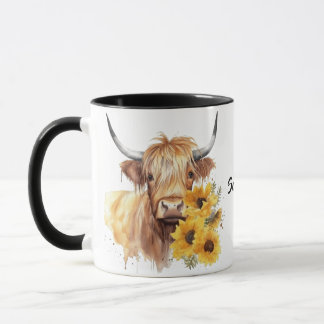 Scottish Highland Cow med solblommor. Redigerbar Mugg