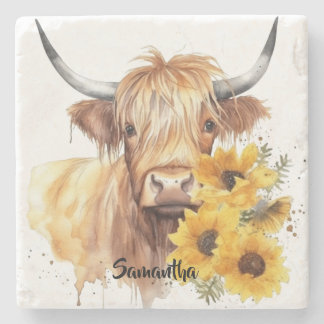 Scottish Highland Cow med solblommor. Redigerbar Stenunderlägg