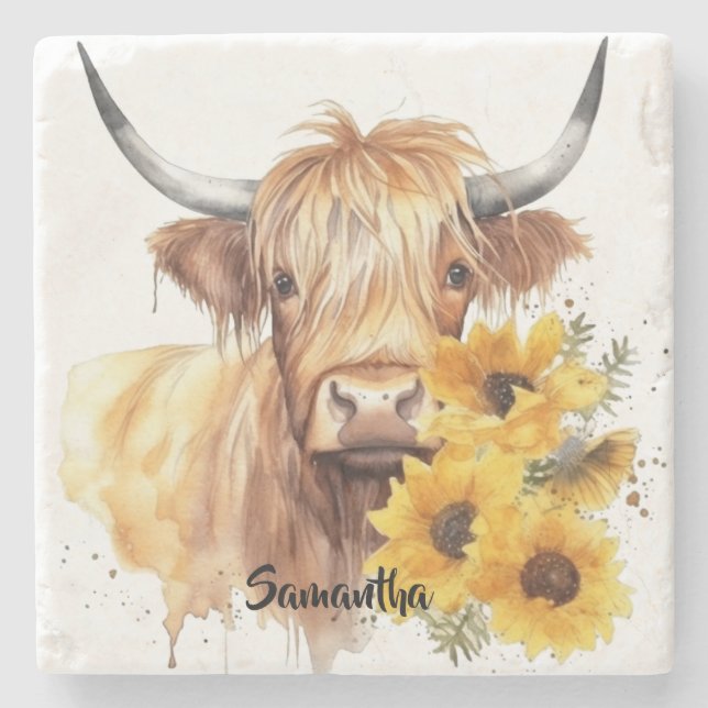 Scottish Highland Cow med solblommor. Redigerbar Stenunderlägg (Framsidan)