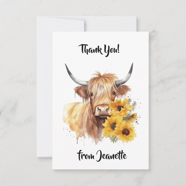 Scottish Highland Cow med solblommor. Redigerbar Tack Kort (Framsida)