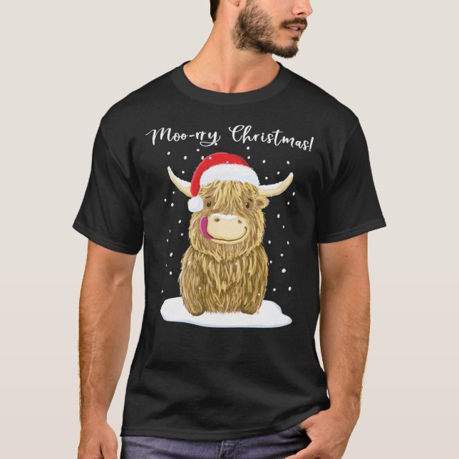 Scottish Highland Cow, Moo-rry jul Wee Hamis T Shirt (Framsida)