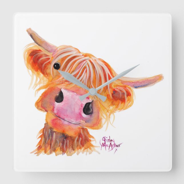 Scottish Highland Cow "Nessie" Square Clock Fyrkantig Klocka (Framsida)