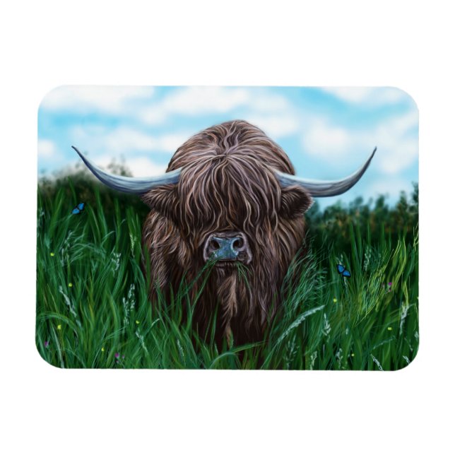 Scottish Highland Cow Painting Magnet (Horisontell)