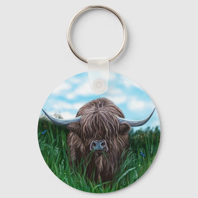 Scottish Highland Cow Painting Nyckelring (Framsida)