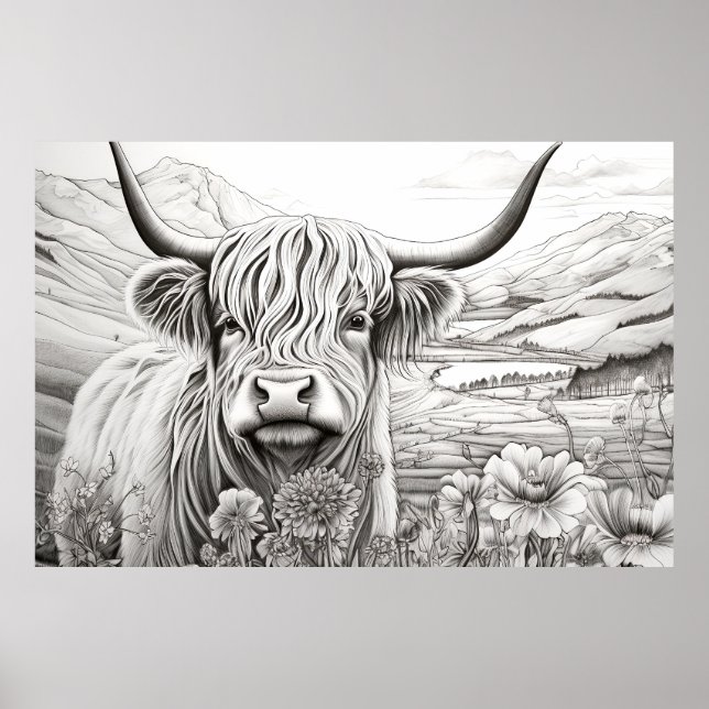 Scottish Highland Cow Peacnice Nature Prairie Art Poster (Framsidan)