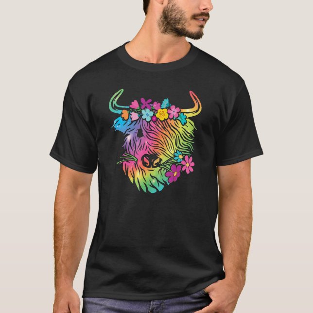 Scottish Highland Cow Print Rainbow Färg Animal T Shirt (Framsida)