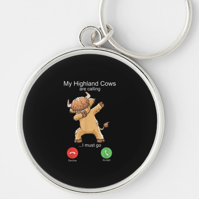 Scottish Highland Cow ringer Rund Silverfärgad Nyckelring (Framsidan)
