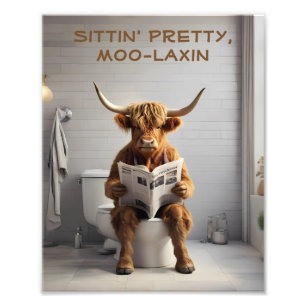 Scottish Highland Cow Sitta på Toilet Funny Fototryck
