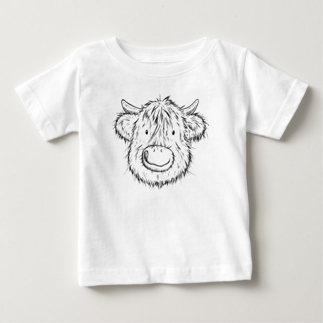 Scottish Highland Cow Sketch Porträtt T Shirt (Framsida)