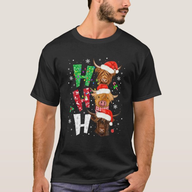 Scottish Highland Cow Skriv ut Ho Ho Jul Paj T Shirt (Framsida)