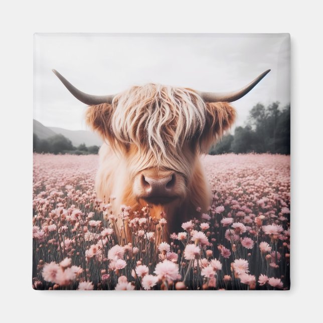 Scottish Highland Cow Wildblomma Fält Magnet (Framsidan)