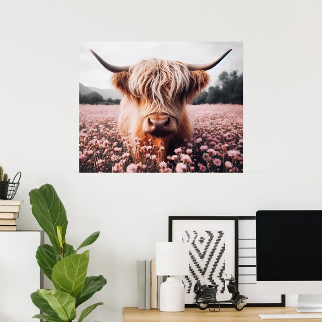 Scottish Highland Cow Wildblomma Fält Poster (Hemmakontoret)