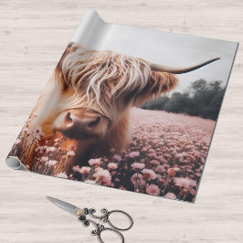 Scottish Highland Cow Wildblomma Fält Presentpapper