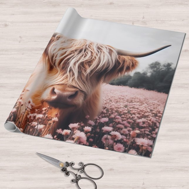 Scottish Highland Cow Wildblomma Fält Presentpapper (Skapare uppladdad)