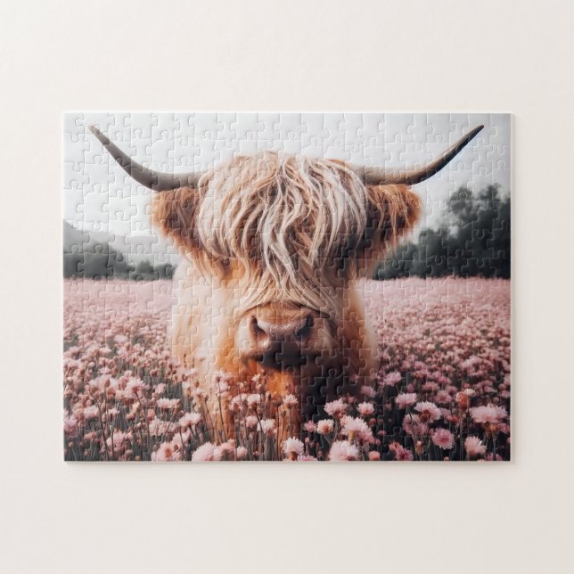 Scottish Highland Cow Wildblomma Fält Pussel (Horisontell)