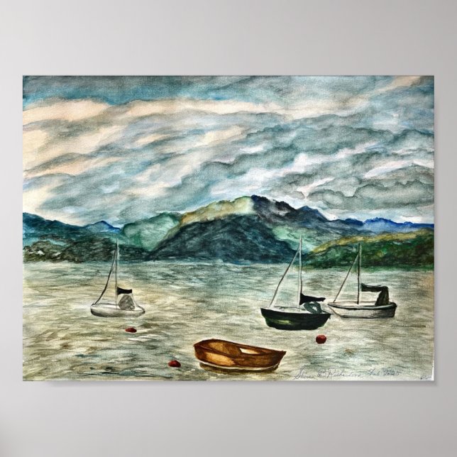 Scottish Highland Waterscape with Boats by Shira B Poster (Framsidan)