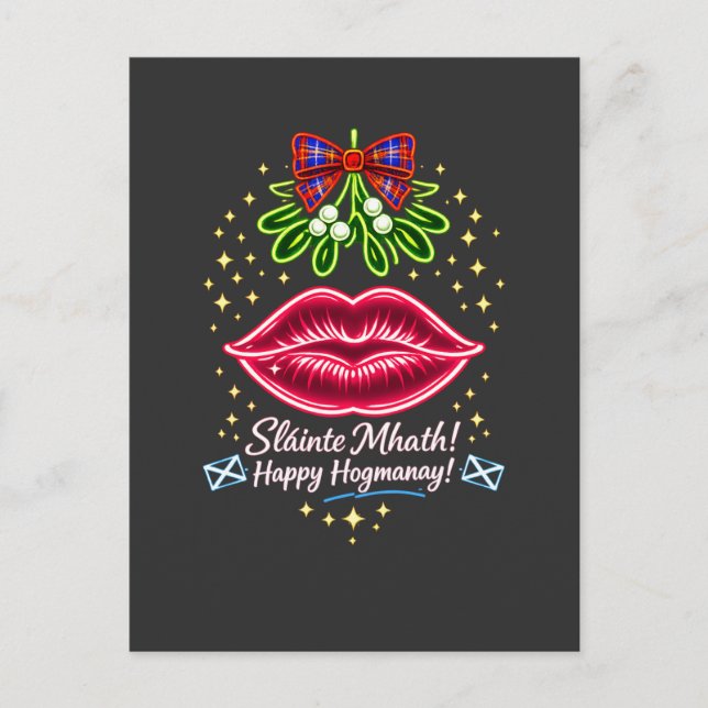 Scottish Hogmanay Mistletoe Neon Tartan Gift Vykort (Framsida)