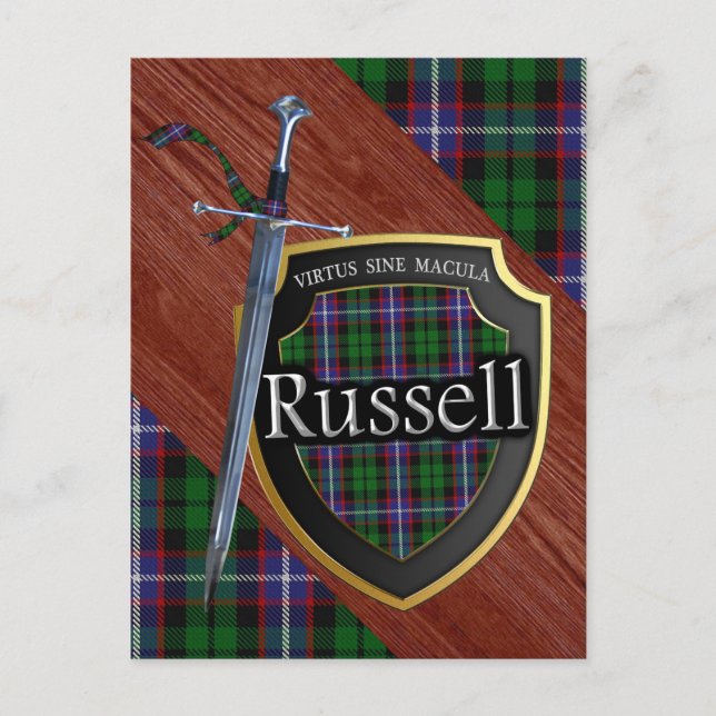Scottish Klan Russell Tartan Sword & Shield Vykort (Framsida)