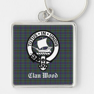 Scottish Klan Wood Vapensköld & Tartan Fyrkantig Silverfärgad Nyckelring