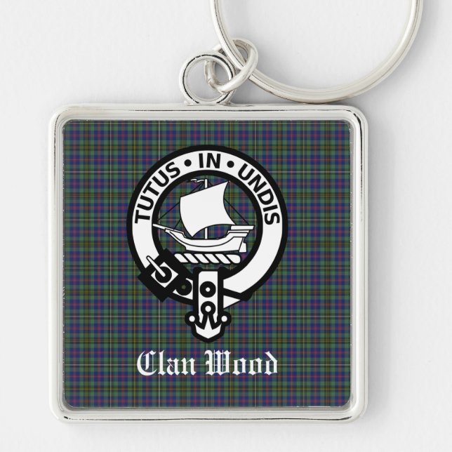 Scottish Klan Wood Vapensköld & Tartan Fyrkantig Silverfärgad Nyckelring (Framsidan)